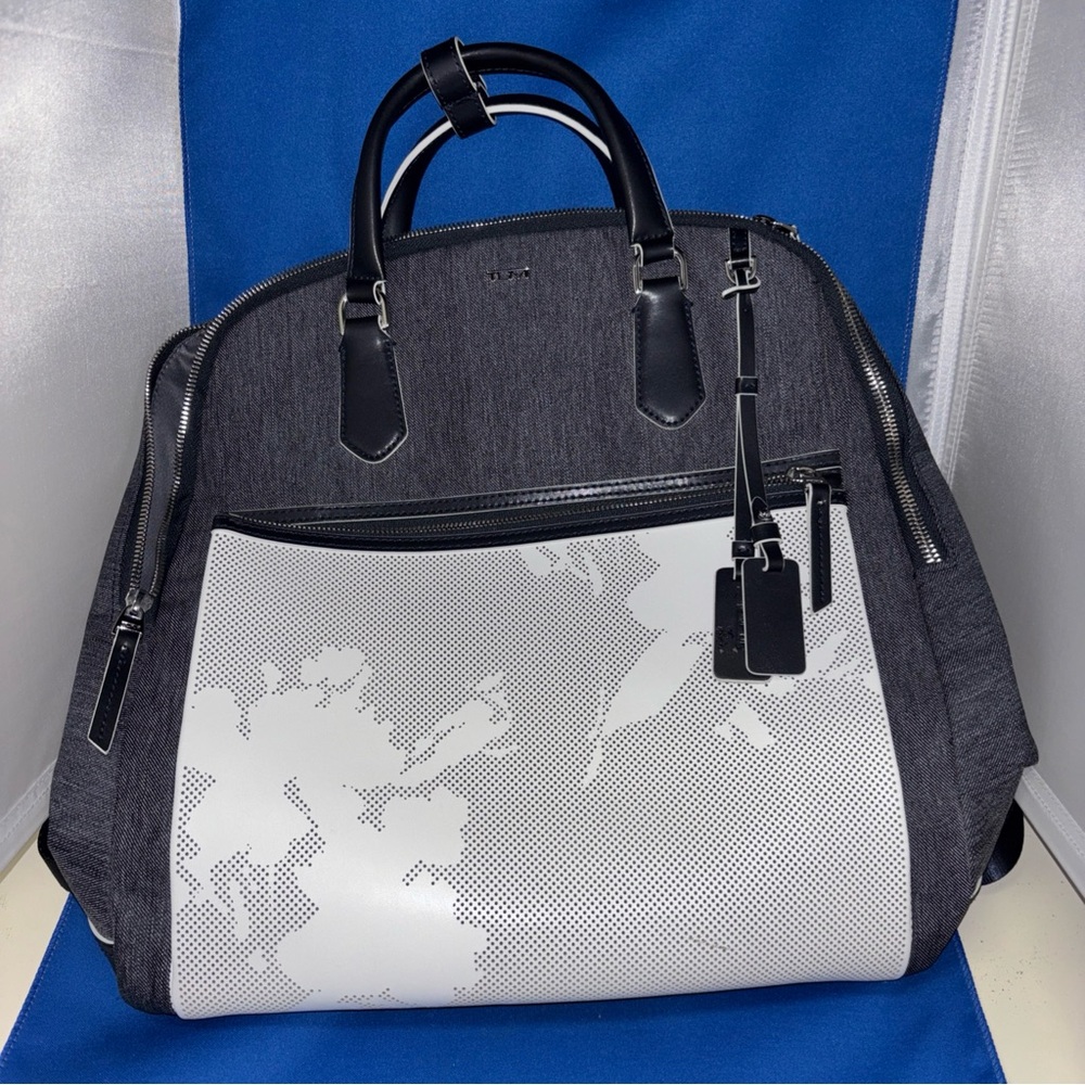 Tumi HTF Blue Convertible Backpack Perforated White Front Panel World Map Floral